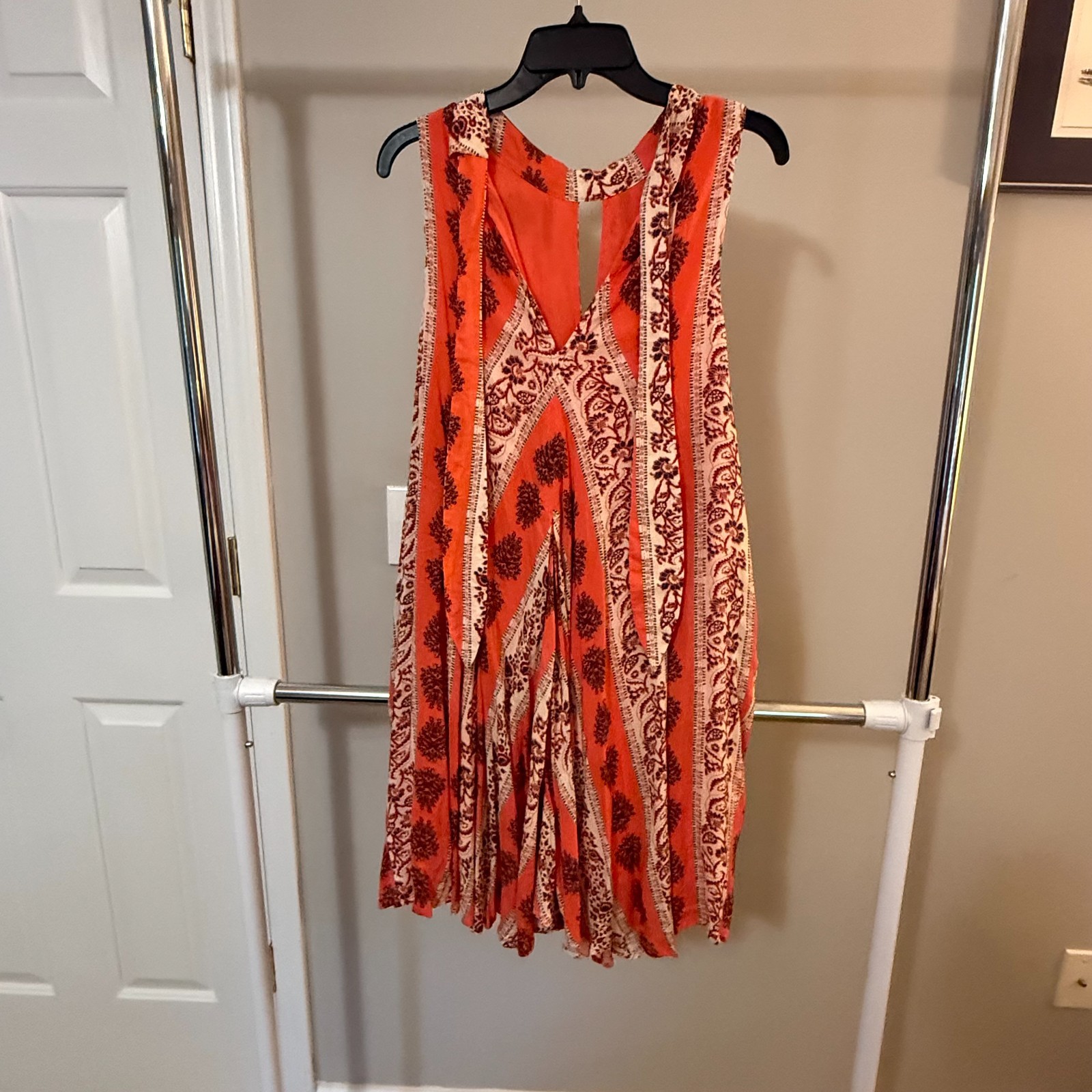 Free People Women’s Orange Printed Sleeveless Flowy Midi Dress Keyhole Back