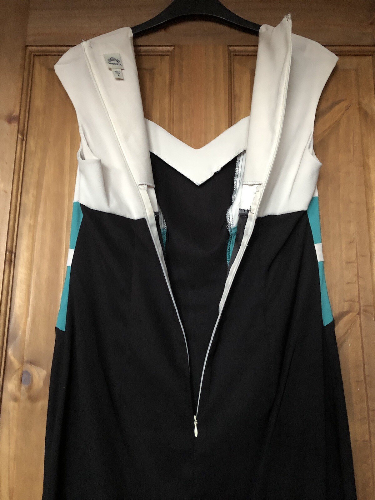 Cream turquoise and black satin panel dress, 8 Sangria