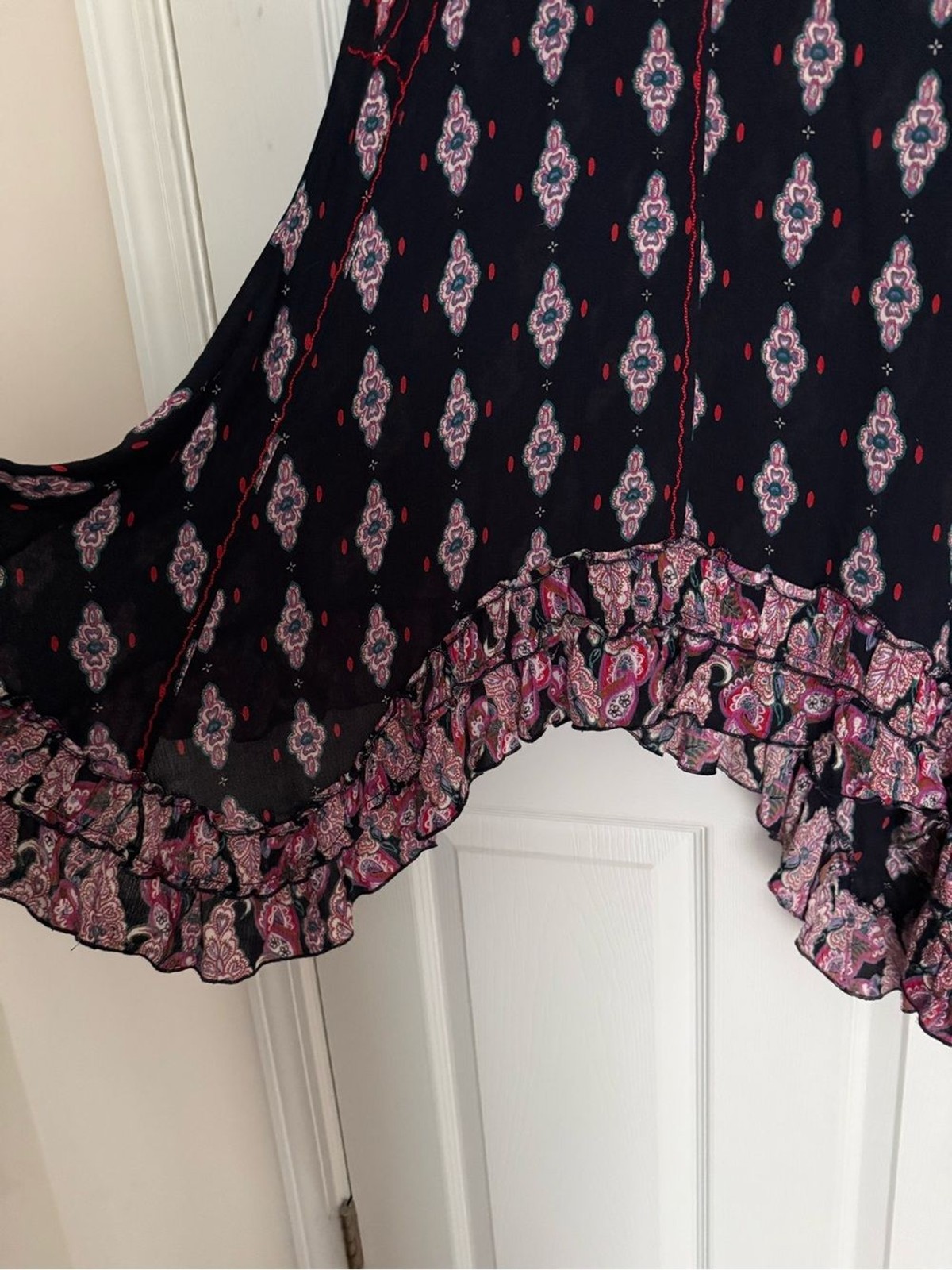 RAGA XS Embroidered Semi Sheer Navy Dress Floral Boho Whimsygoth Sharkbite Hem