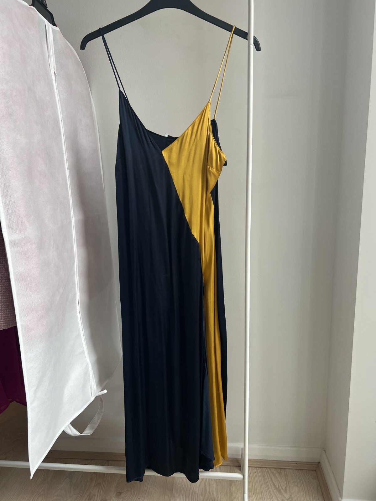Mango slip satin midi dress spaghetti straps navy mustard yellow M / UK 10