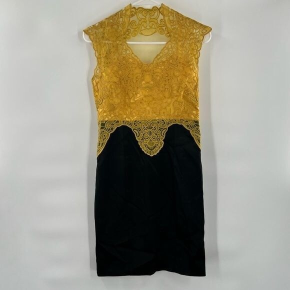Yuzhongxiehou gold lace black dress sheath size 8 womens cap sleeve
