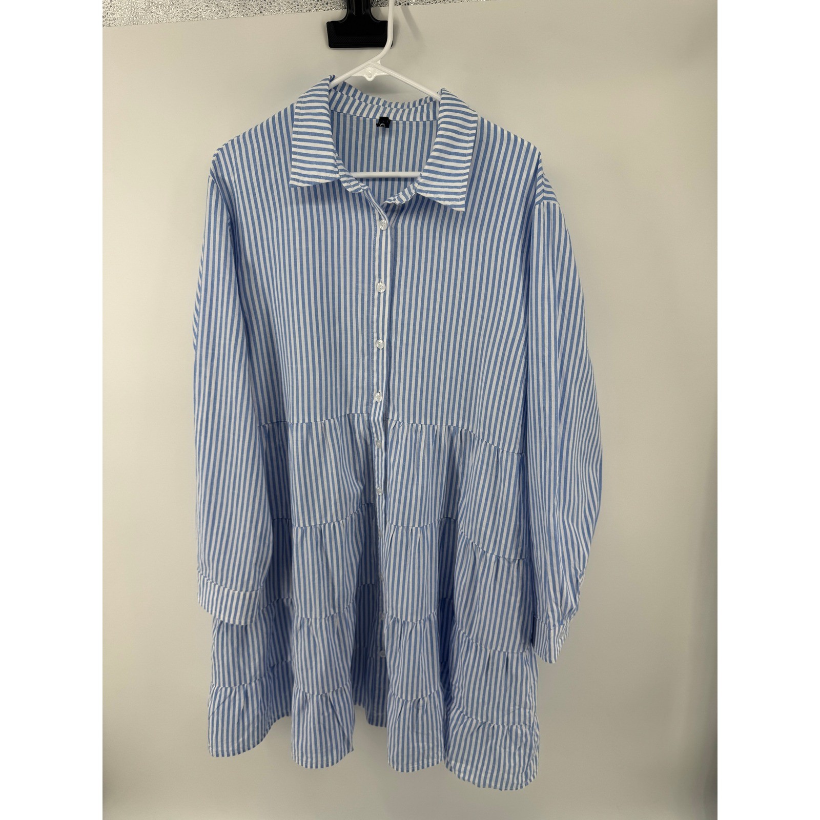 Utcoco Blue White Striped Shirt Dress 2XL Cotton Long Sleeve Babydoll Tunic