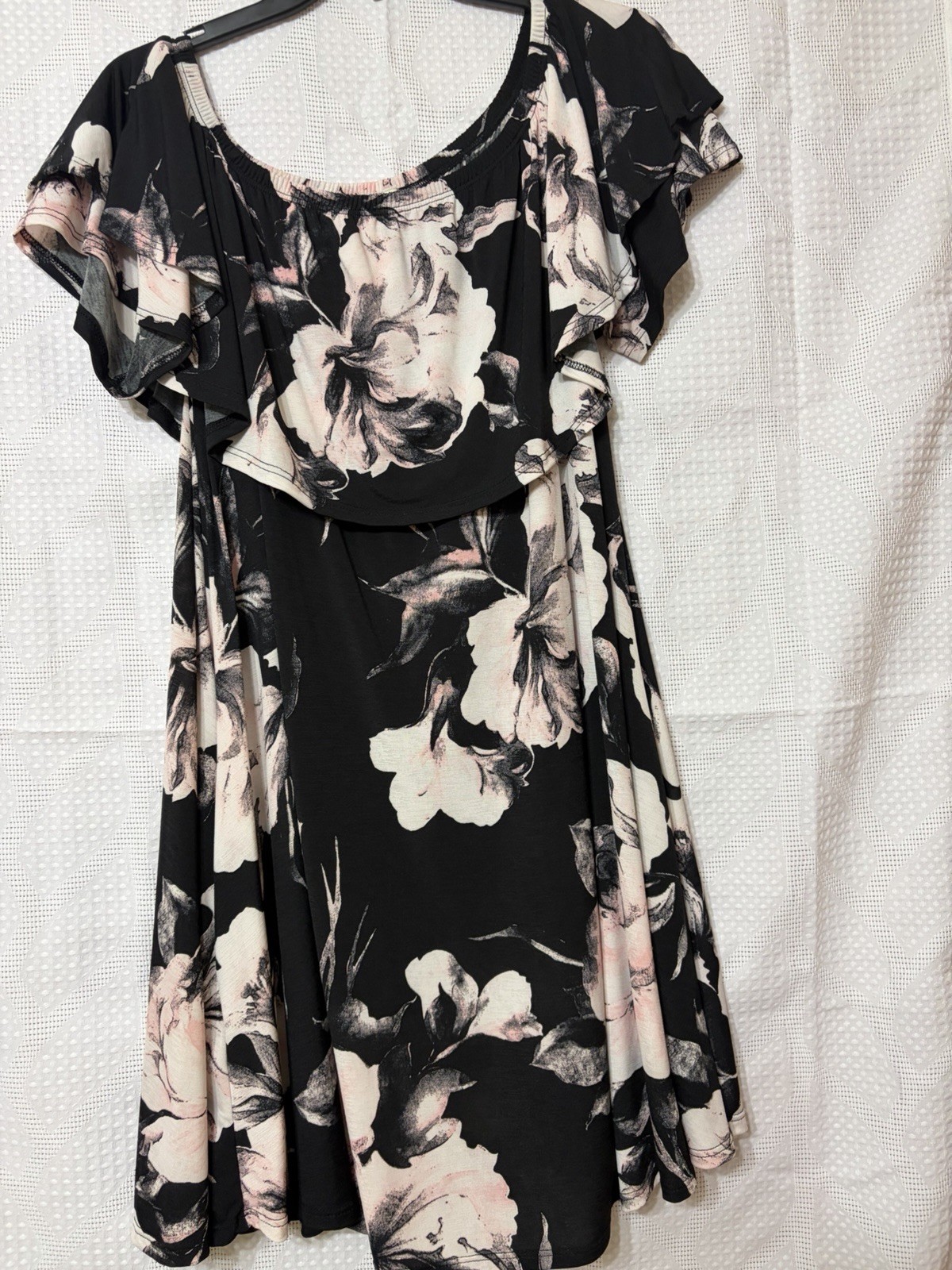 Bellamie Black Pink White Floral Fit & Flare Dress Ruffle Flutter Sleeve L