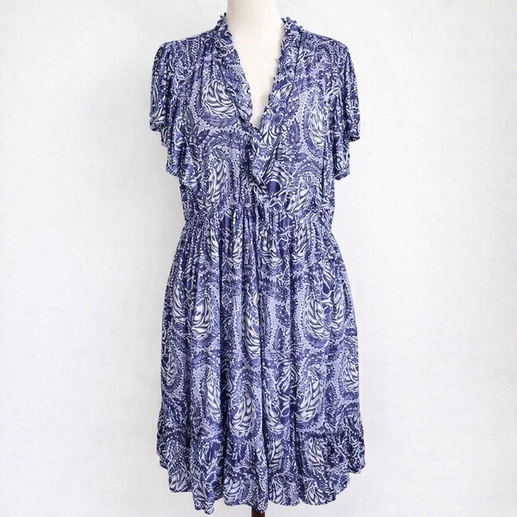 Sundance Skye Blue Boho Tie Waist Ruffle Smocked Flutter Sleeve Dress SZ Large