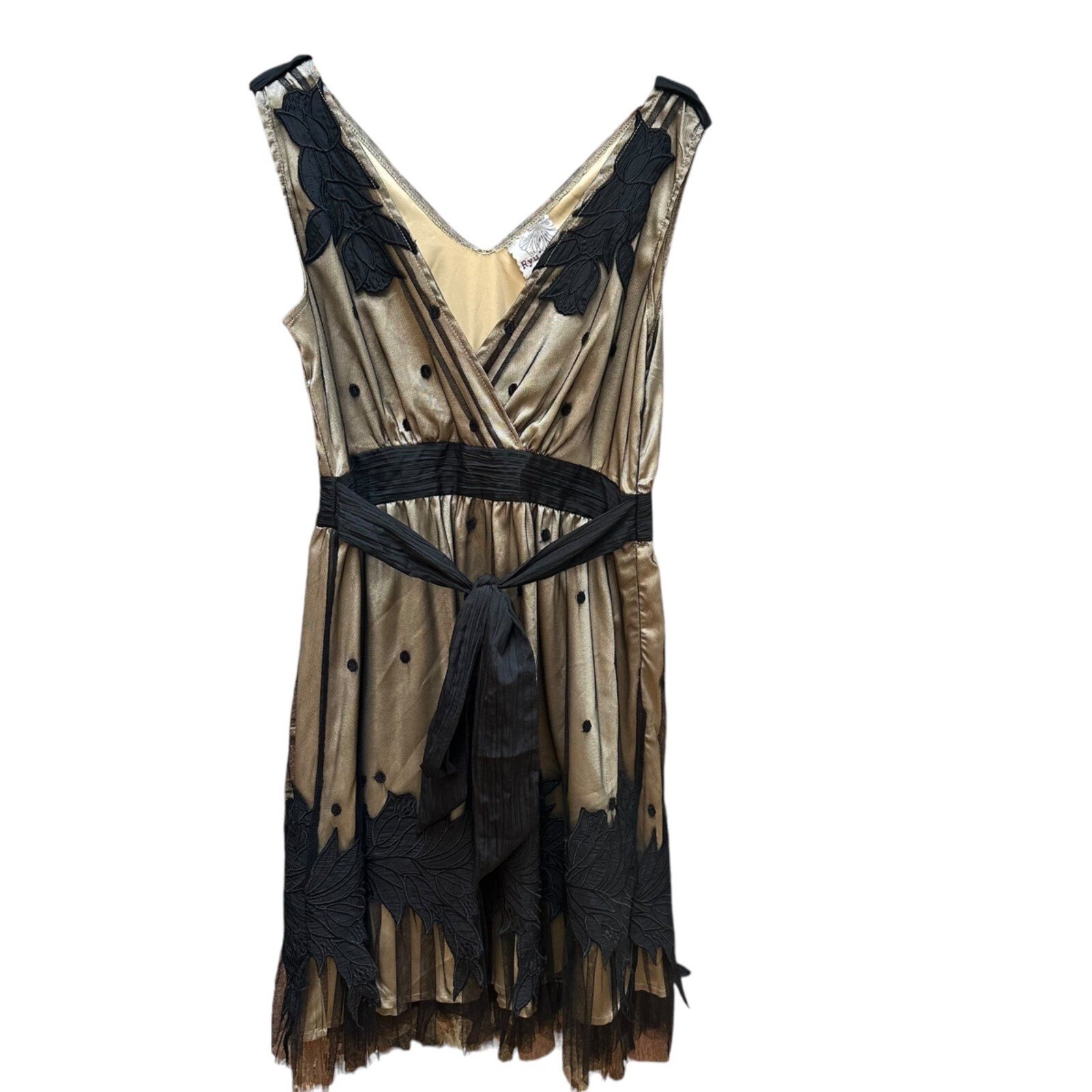RYU Dress Gold Black Sleeveless V-Neck Polka Dot Appliqué Whimsigoth Y2K Size M