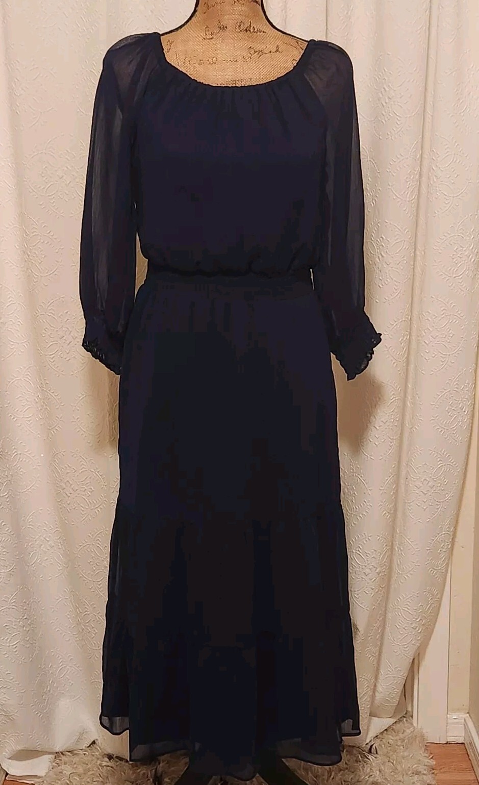 MSK Women’s S Navy Blue Long Sleeve Chiffon Tiered A-Line Dress