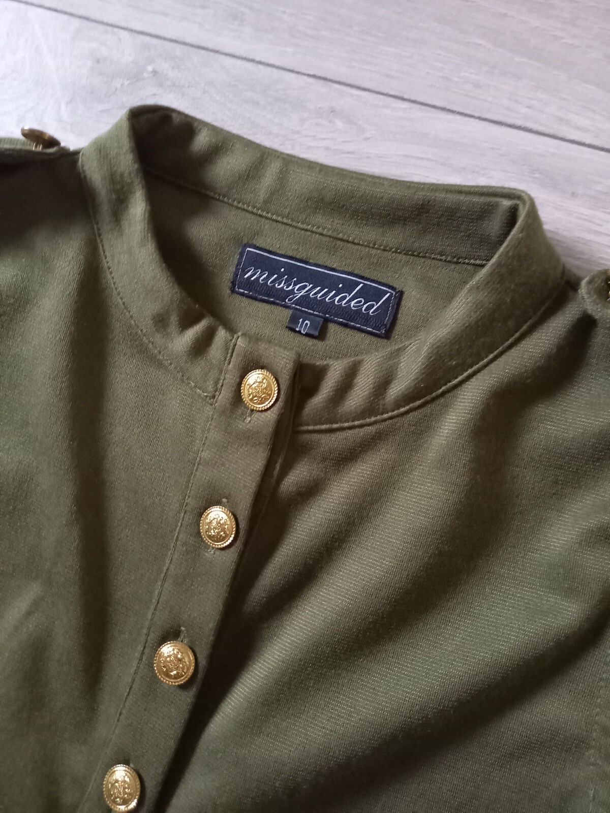 Missguided Khaki Green Stretch Flared Dress Utility Casual Feature Buttons UK10