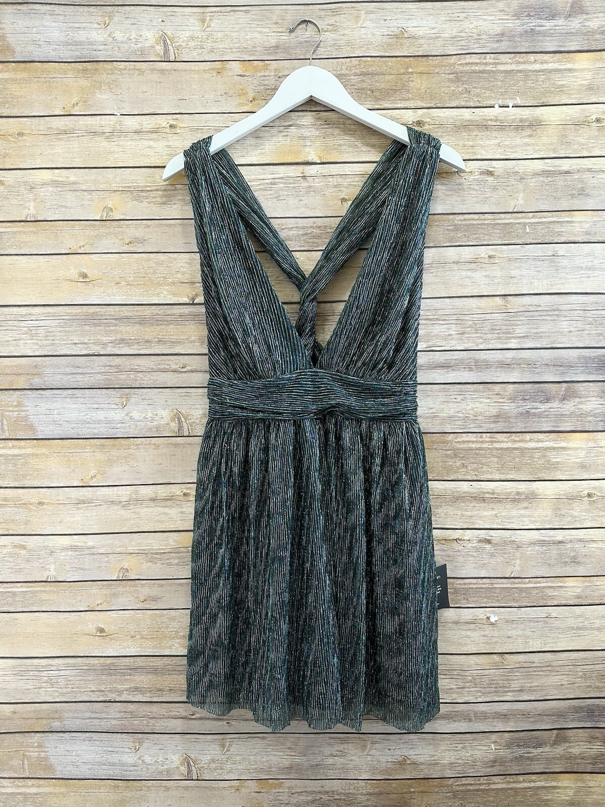 Lulus Dress Women’s Size Medium Teal Metallic Stripe Twist Back Cocktail NWT