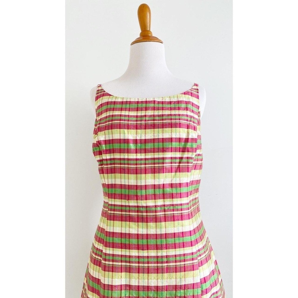 Vintage 90s Y2K Esprit Silk Slip Mini Dress Pastel Madras Plaid Retro Prep NOS