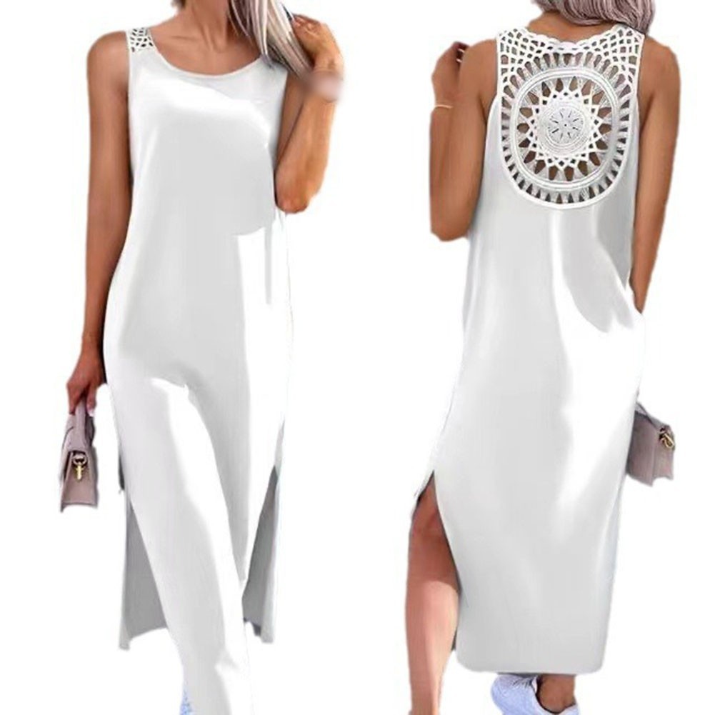 Women’s Openwork Sleeveless Slit Vest Dress Over The Knee