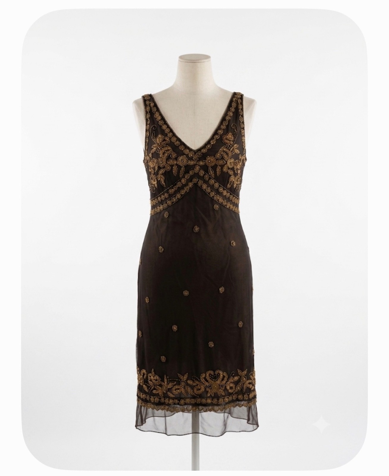 Marina Black Brown Beaded Sequin Cocktail Dress V-Neck Flapper Sheath Size 12