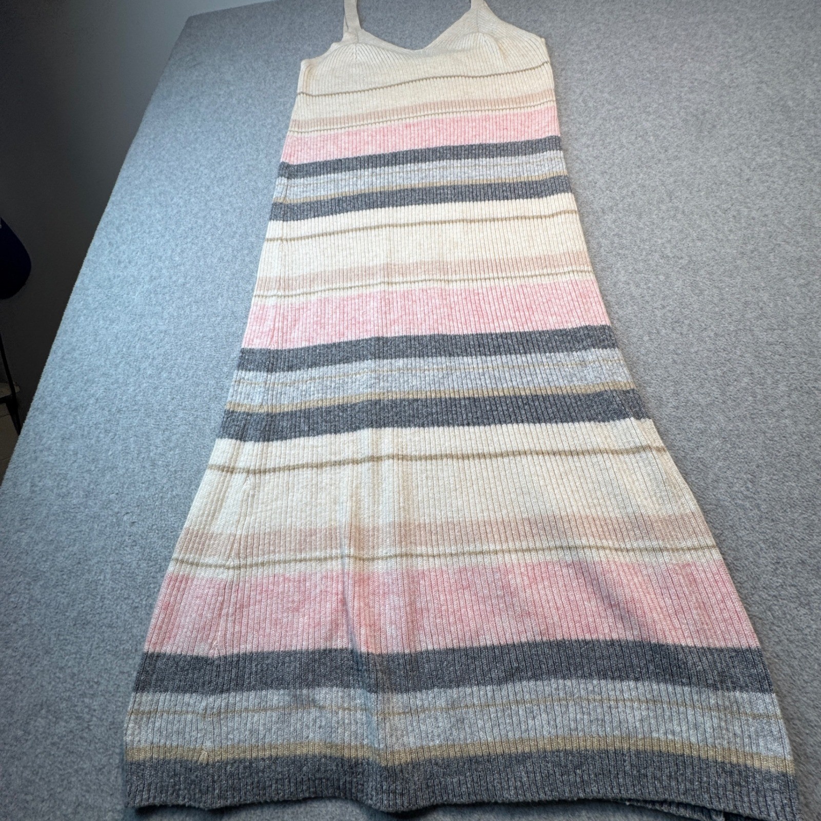 Z Supply Maxi Dress Ribbed Knit Striped V Neck XS Cream Pink Grey