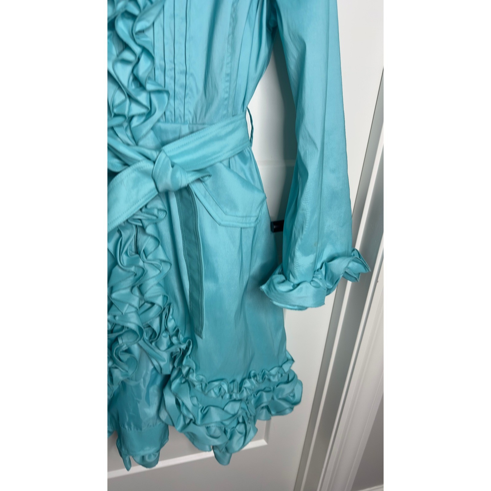 Samuel Dong Aqua Blue Ruffle Trimmed Belted Trench Coat Unique L