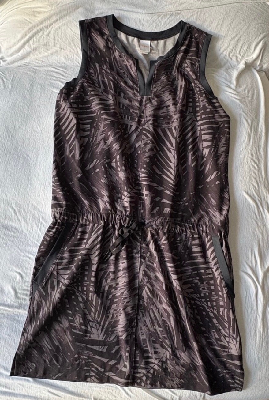 Lole Women’s M Black/Gray Abstract Sleeveless Zip Dress Pockets Drawstring