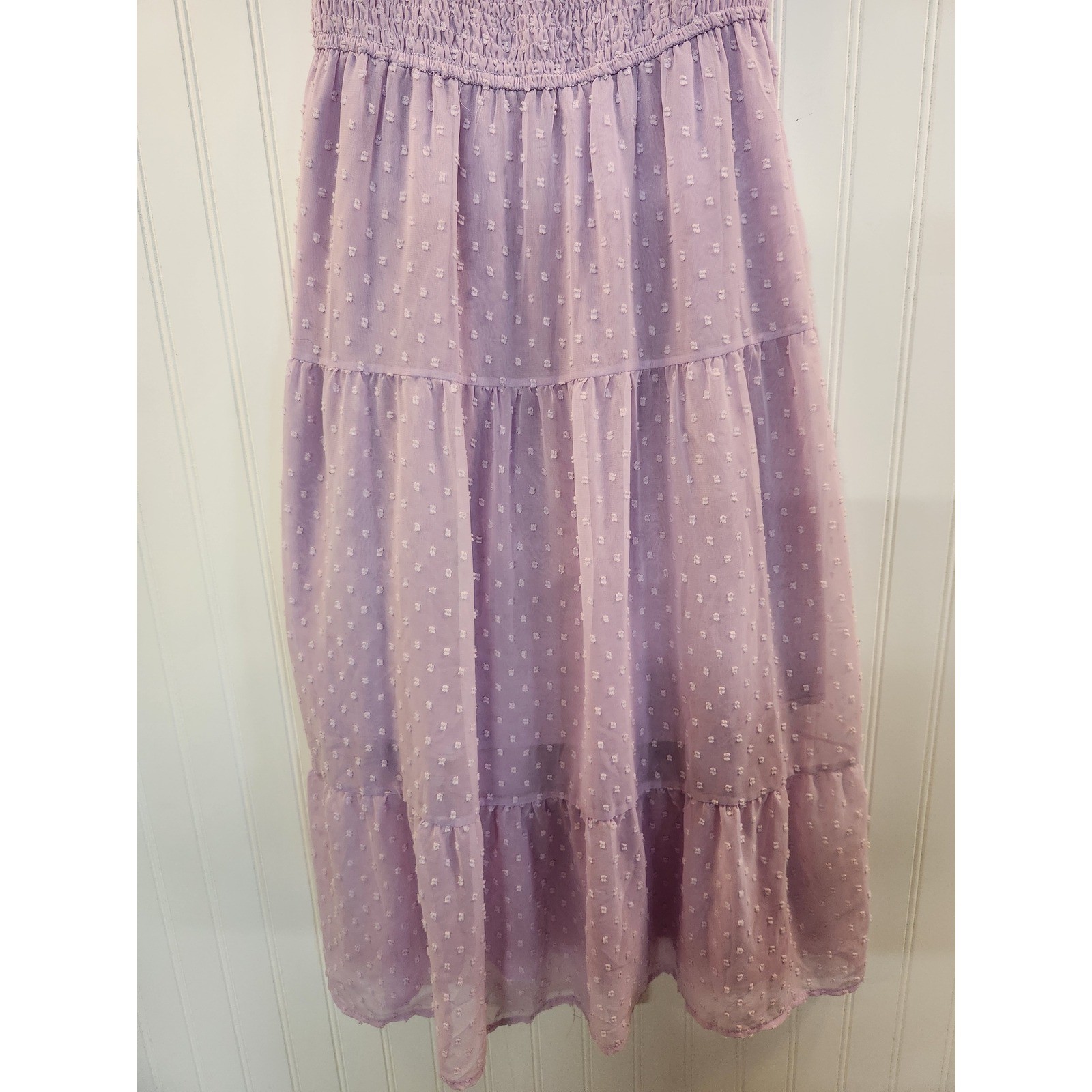 Merokeety Womens Lavender Swiss Dot Smocked Midi Dress Puff Sleeve Tiered Large