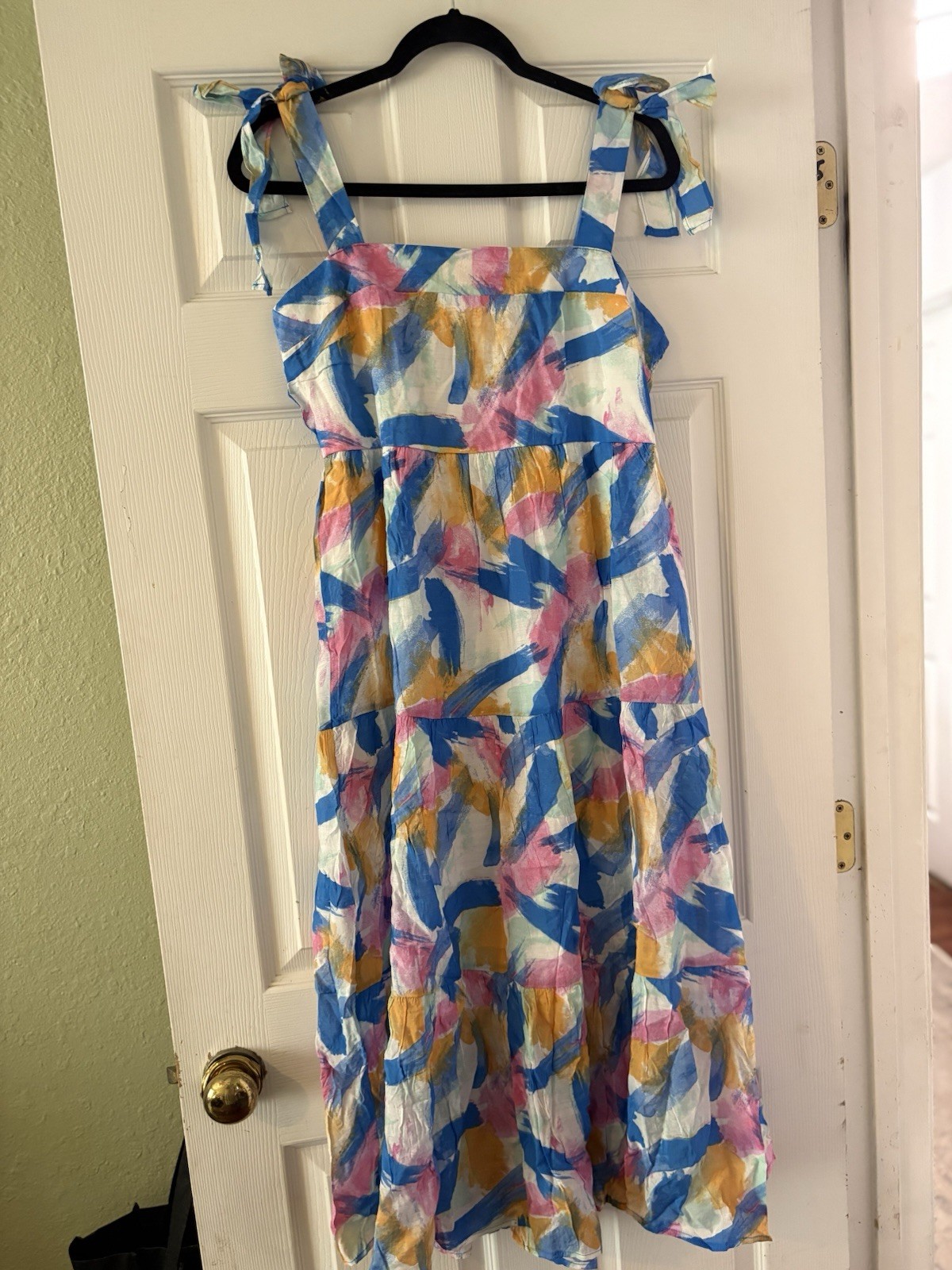 2/$30 Blu Pepper Abstract Colorful Tie Strap Smocked Midi Dress Square Neck L
