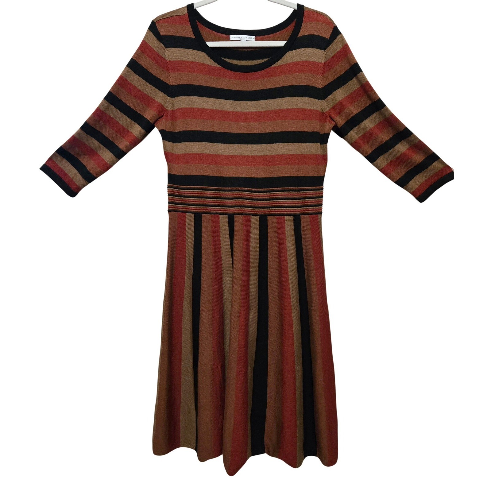 Sandra Darren, Women’s Striped Knit, Fit and Flare Dress, Rust, Black, Tan, Sz L