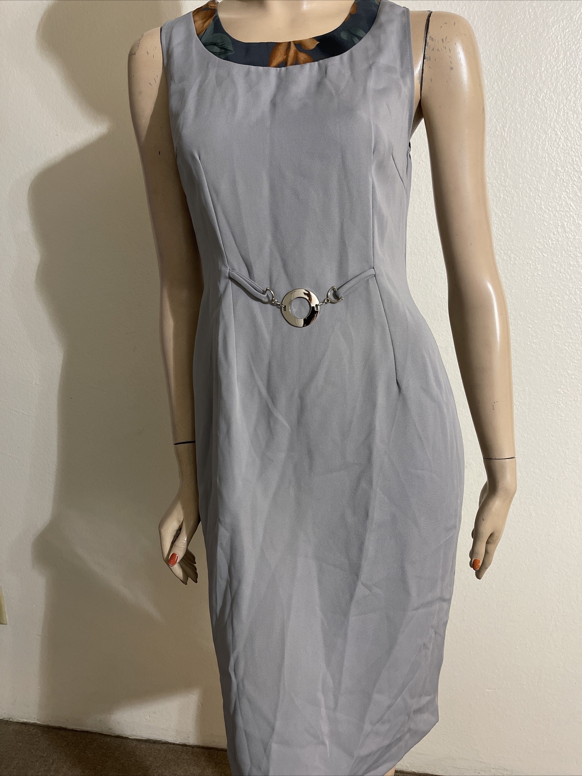 Women’s Grey Floral Patch Poly Casual Elegant Buckle Zipper Midi Size S Dress