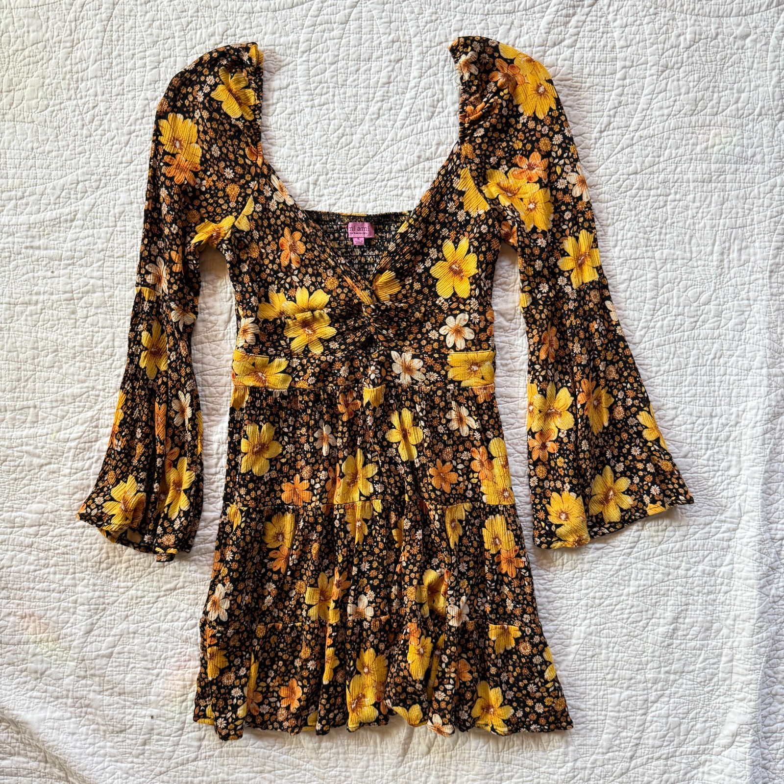 Boho-Chic 70s Hippie Floral Mini Dress Bell Sleeves Sz S Cottagecore Whimsigoth