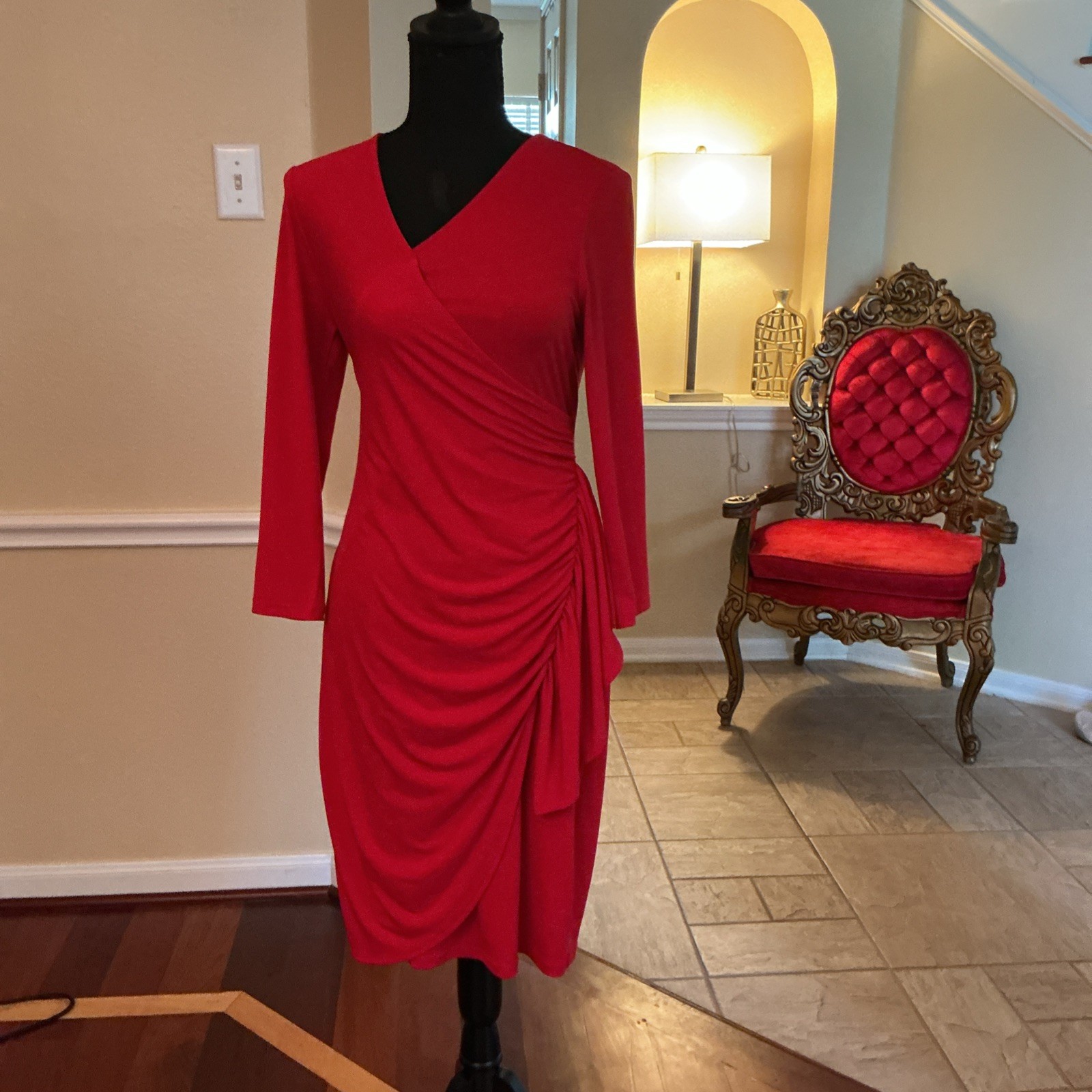 Calvin Klein Womens Red Faux Wrap Ruched Sheath Dress Gold Shoulder Zip 6