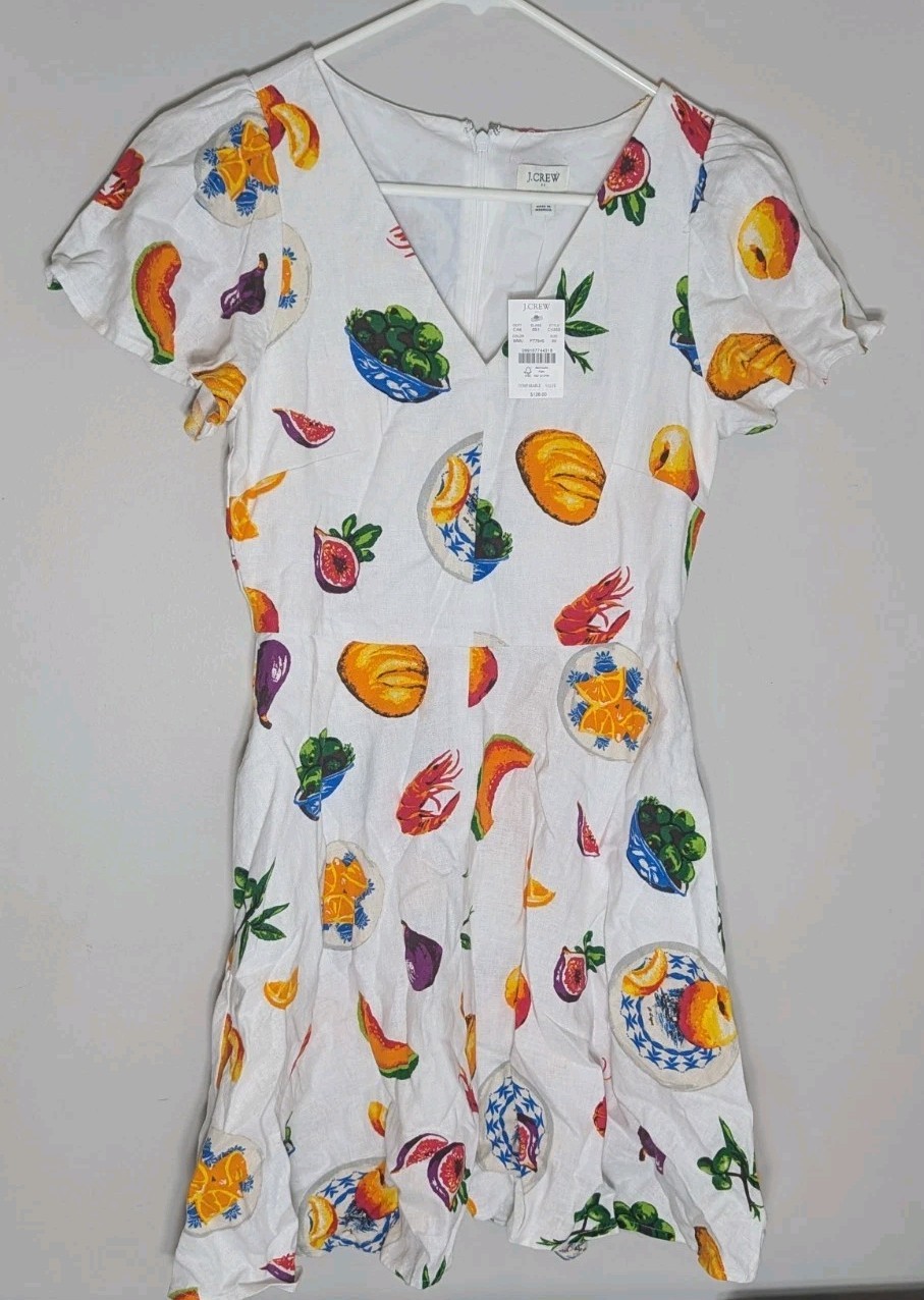J Crew Summer Dress Size 00 “Picnic Food” Print Cap Sleeve White A-Line 2025