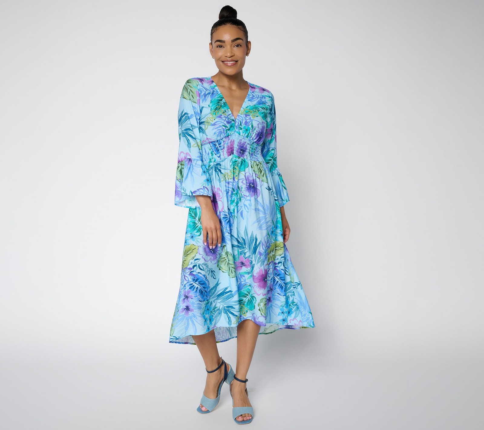 Susan Graver Regular Printed Dolce Woven Smocked Waist Midi Dress Water Lagoon M