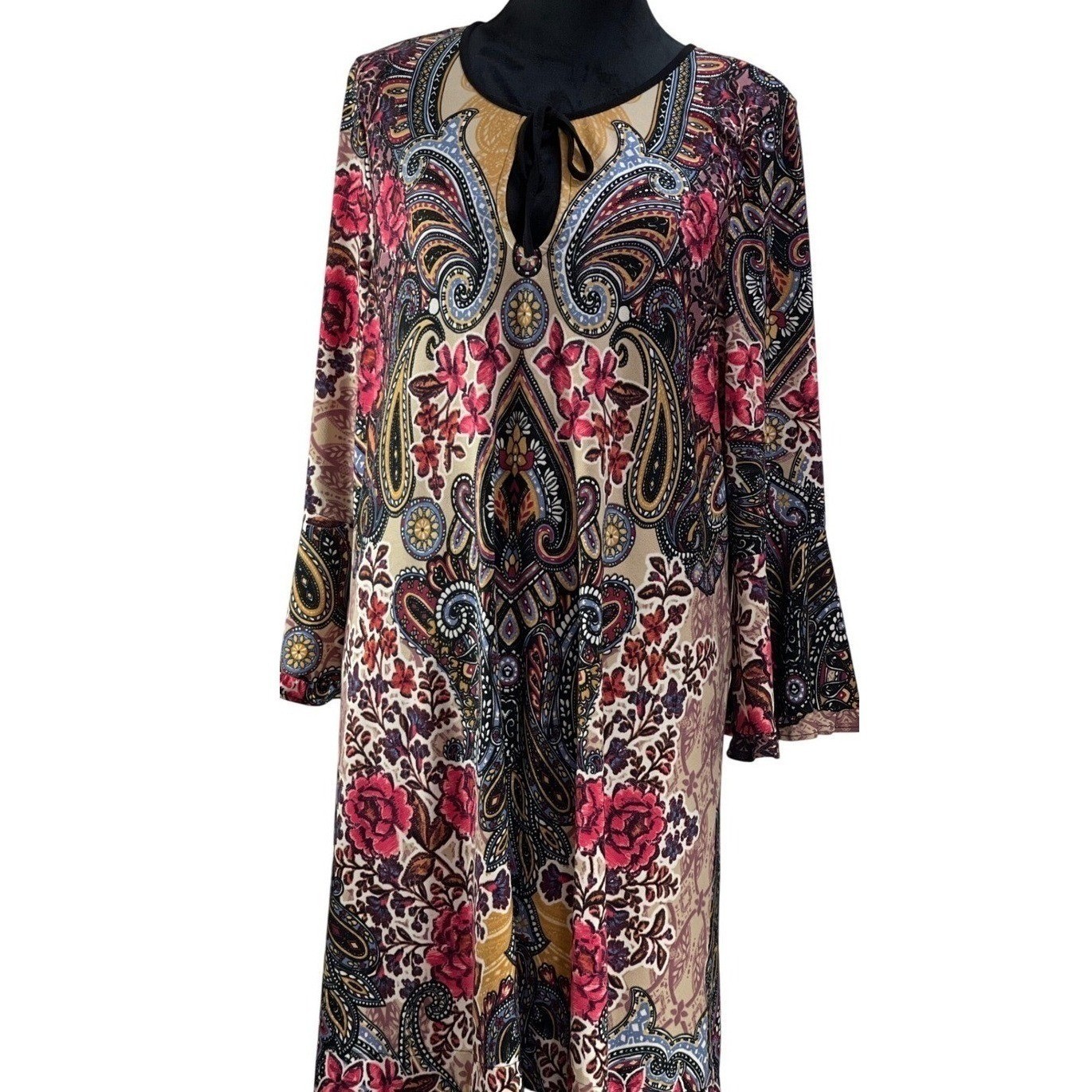 Paisley Floral Bell Sleeve Shift Dress Pink Gold boho medallion 70’s style mod