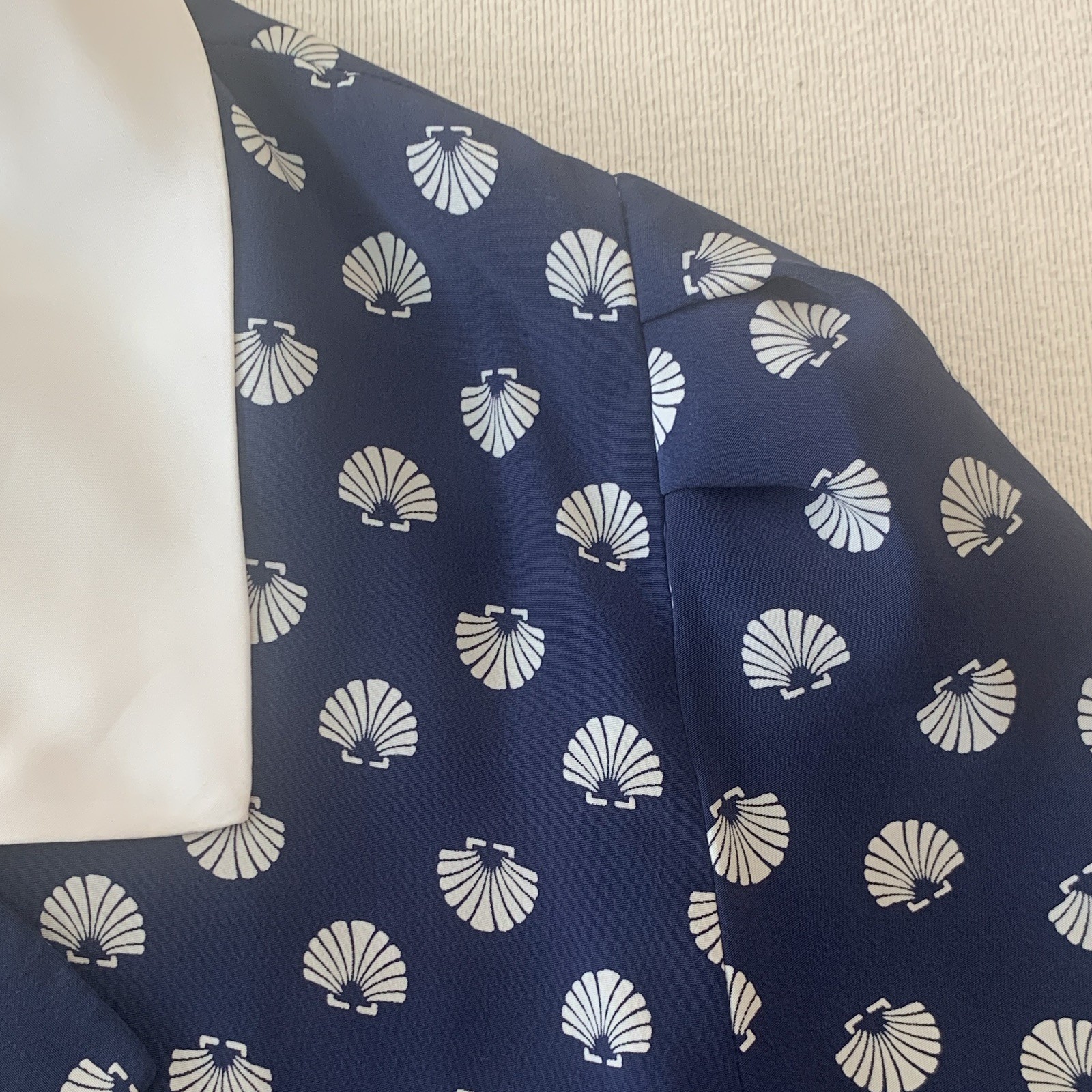 LIZ Vintage Navy/White Shell Print Collared Shirt Dress Midi Elastic Waist L/XL
