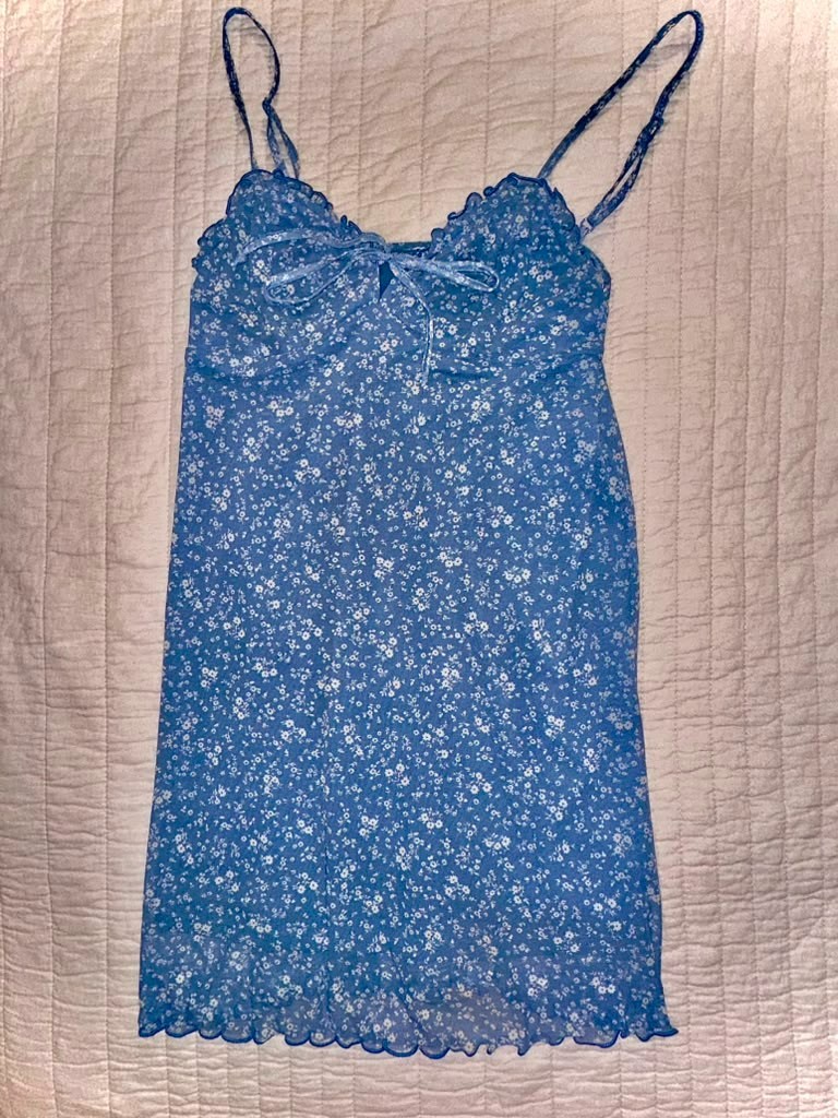 American Eagle XS Blue Ditsy Floral Mesh Tie Front Mini Slip Dress Y2K Coquette