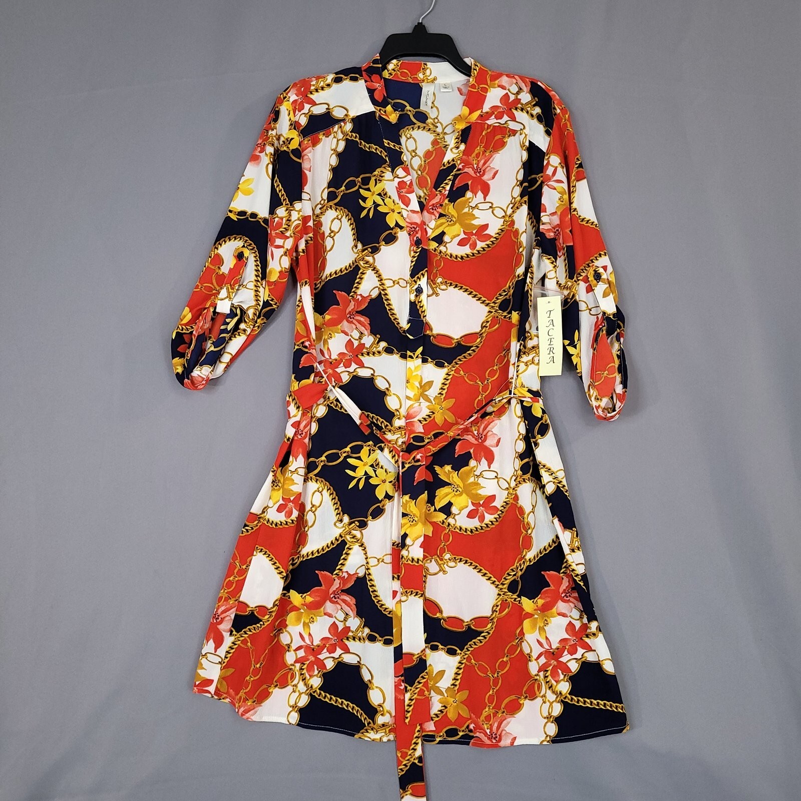 Tacera Women’s Floral Sheath Dress Midi Belted Roll Tab Sleeve Multicolor Size L