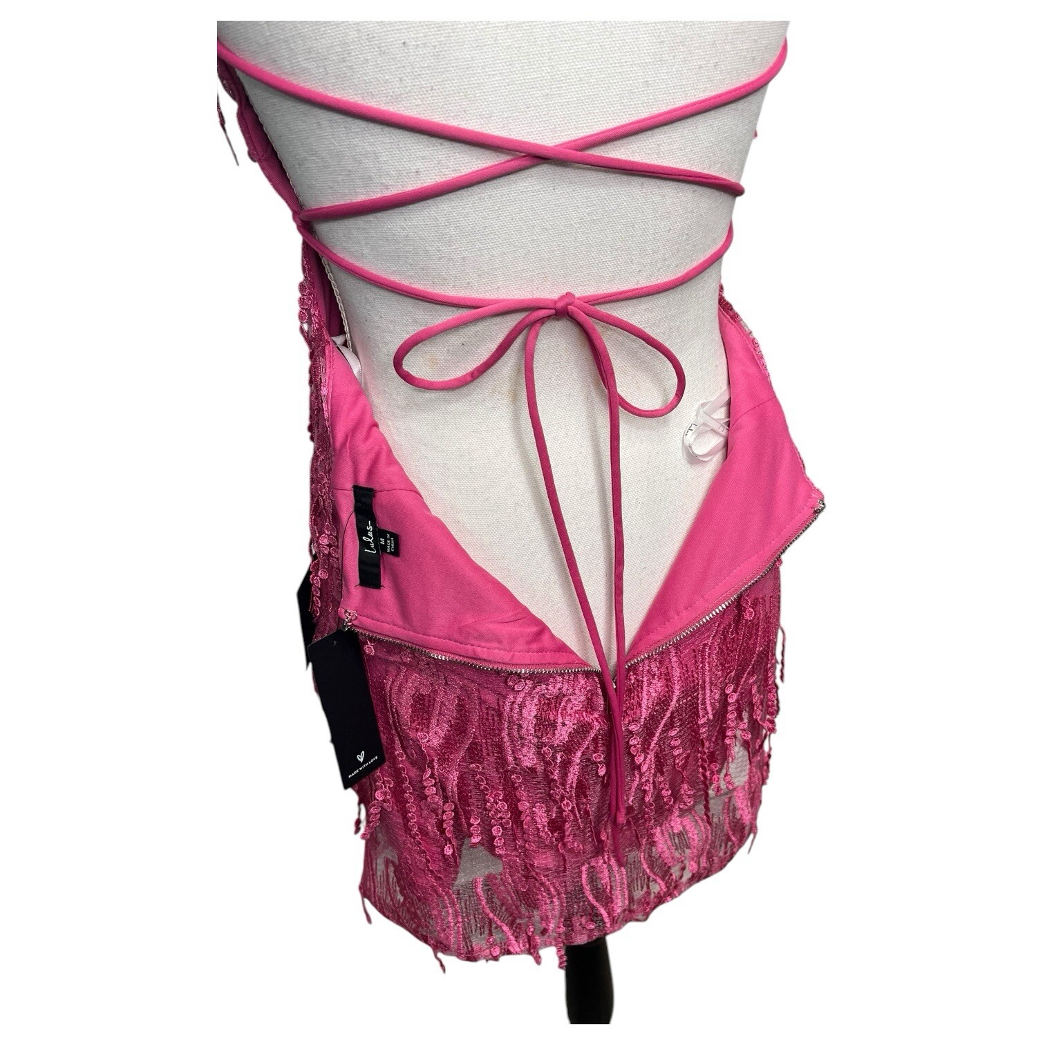 New Lulus Dress Womens M Making Magic Fringe Lace Up Mini Overlay Bright Pink
