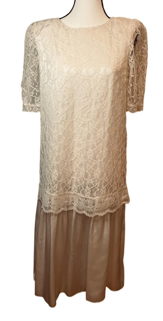 Vintage Heidi J. California Dress Womens 10 Beige Lace Drop Waist Midi Wedding