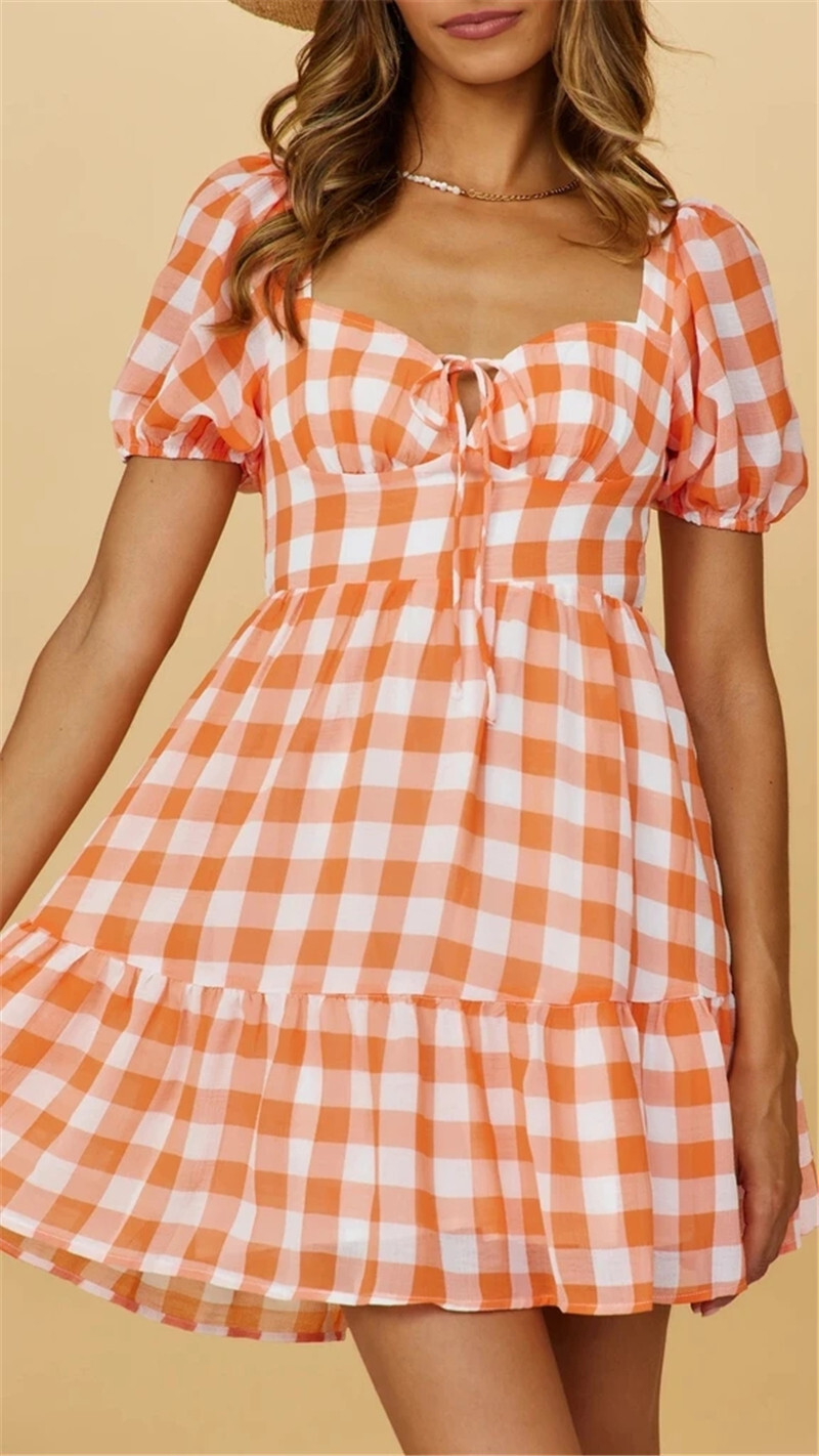 Women Sexy Backless Check Swing Mini Dress Holiday Beach Party Ruffle Sundress