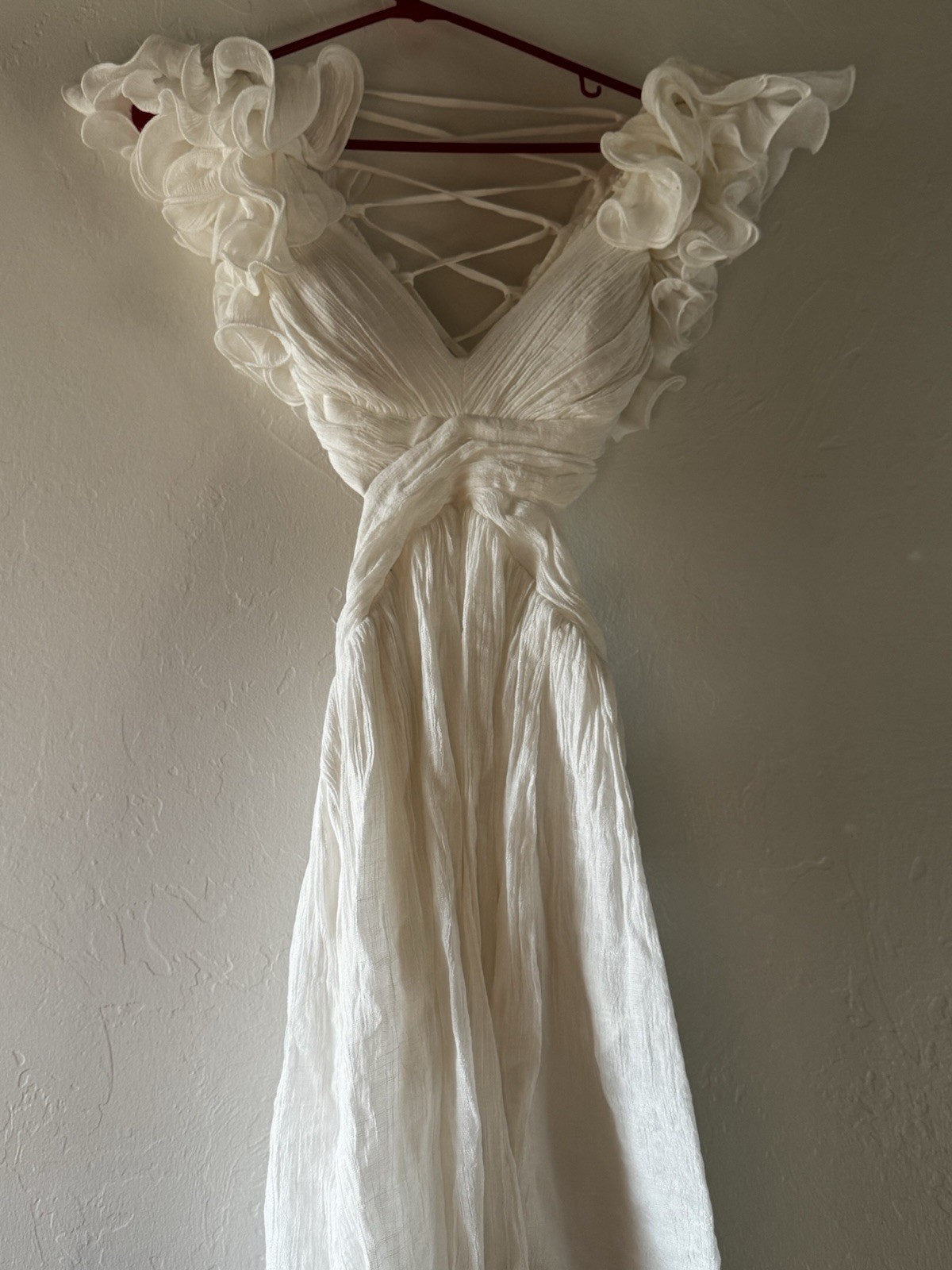 For Love & Lemons XS White V-Neck Mini Dress Ruffle Straps Lace-Up Back Lined
