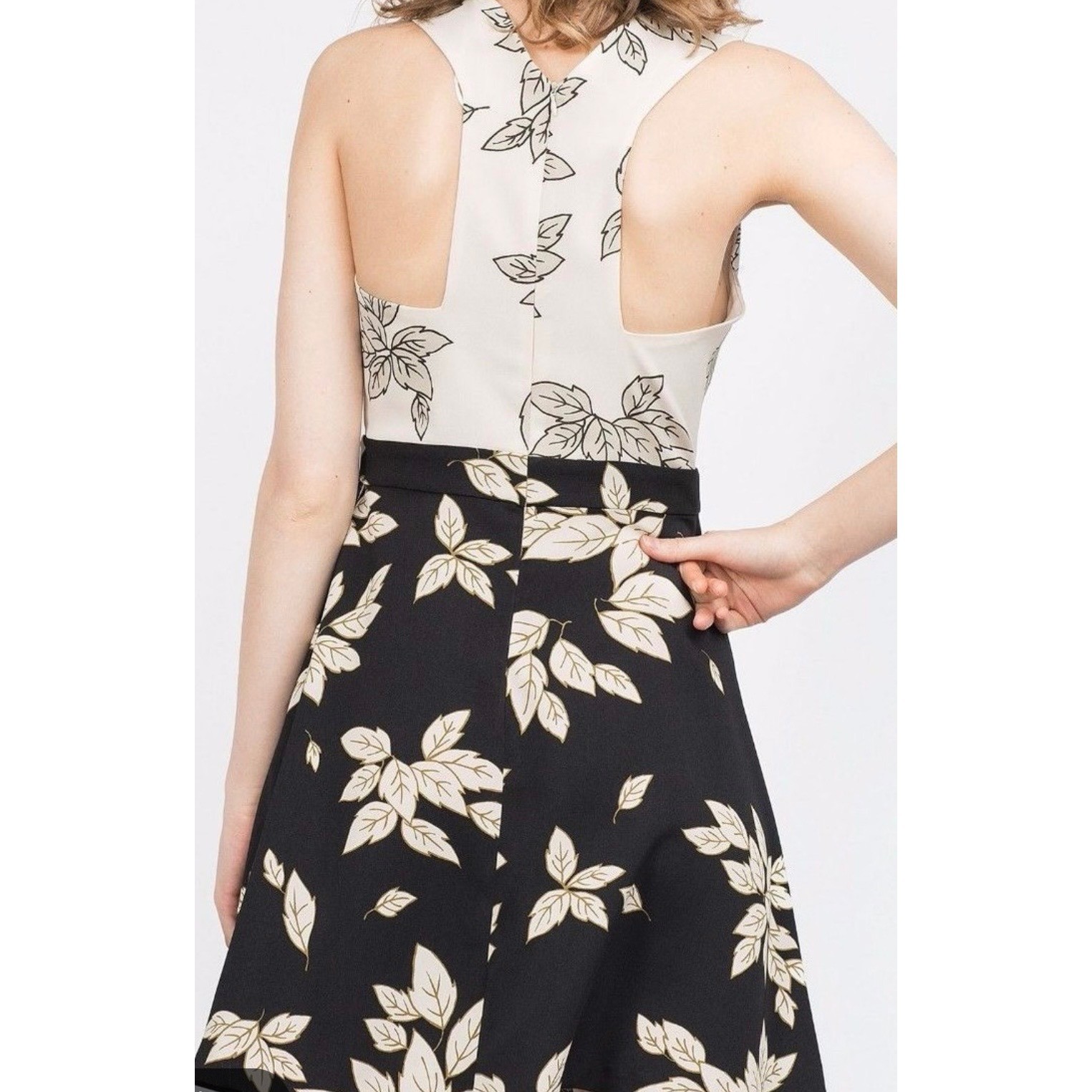 Zara Basic Women Cream Black Leaf Print Fit Flare Cutout Racerback Dress Small