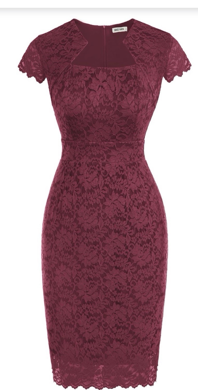 Grace Karin Burgundy Floral Lace Sheath Dress Square Neck Cap Sleeve M Zip
