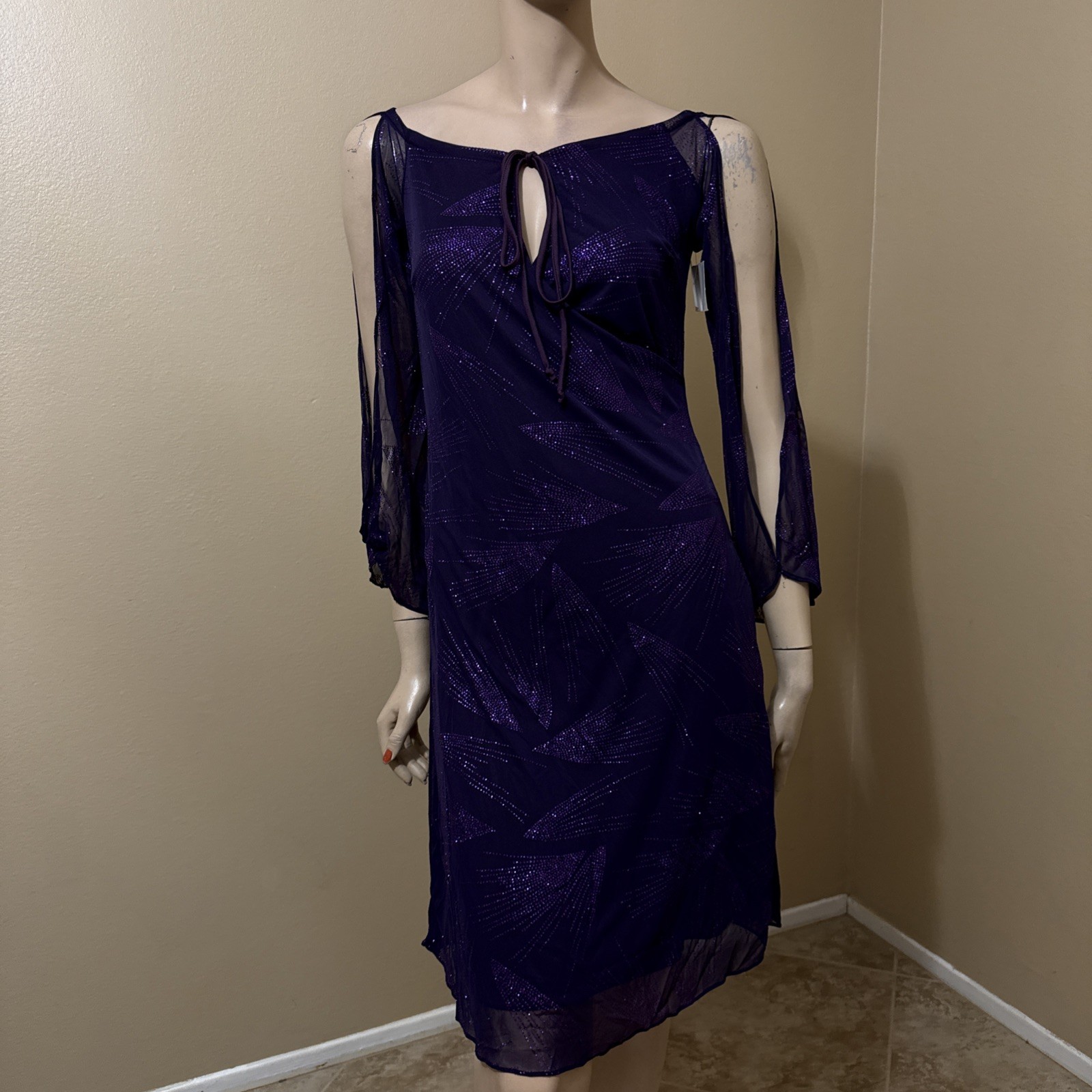 Women’s Purple Polyester Cocktail Stretch Sheer Lined Glitter Tied Size M Dress