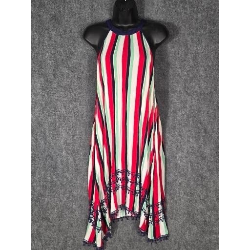 Red Navy White Striped Halter Handkerchief Hem Midi Dress Crochet Trim Women 3XL