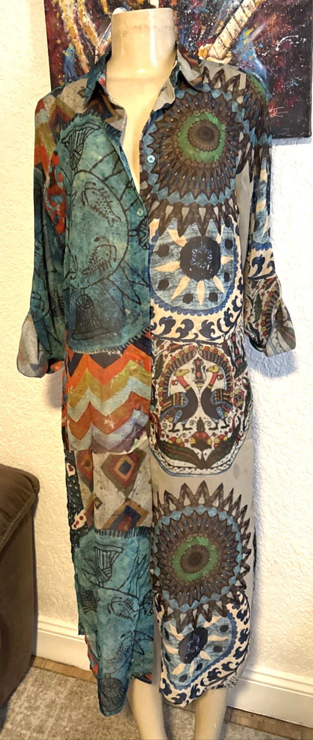 Desigual Boho Tunic Dress Mandala Print High Slit Size S Semi Sheer g3