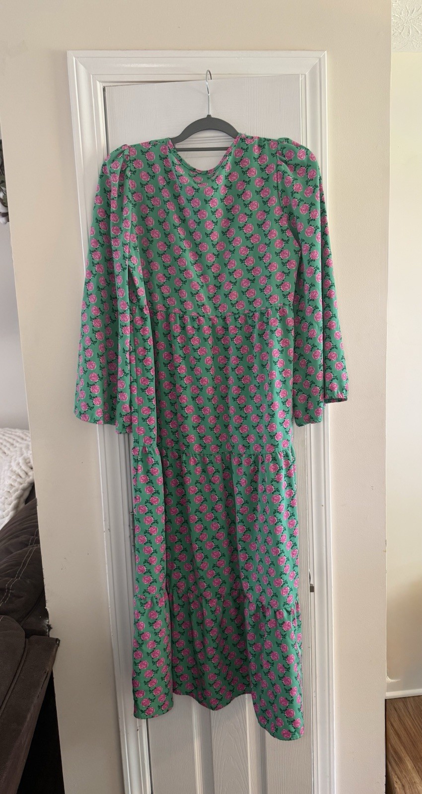 Green Pink Rose Floral Maxi Dress Cottagecore Boho Tie Neck Size Small