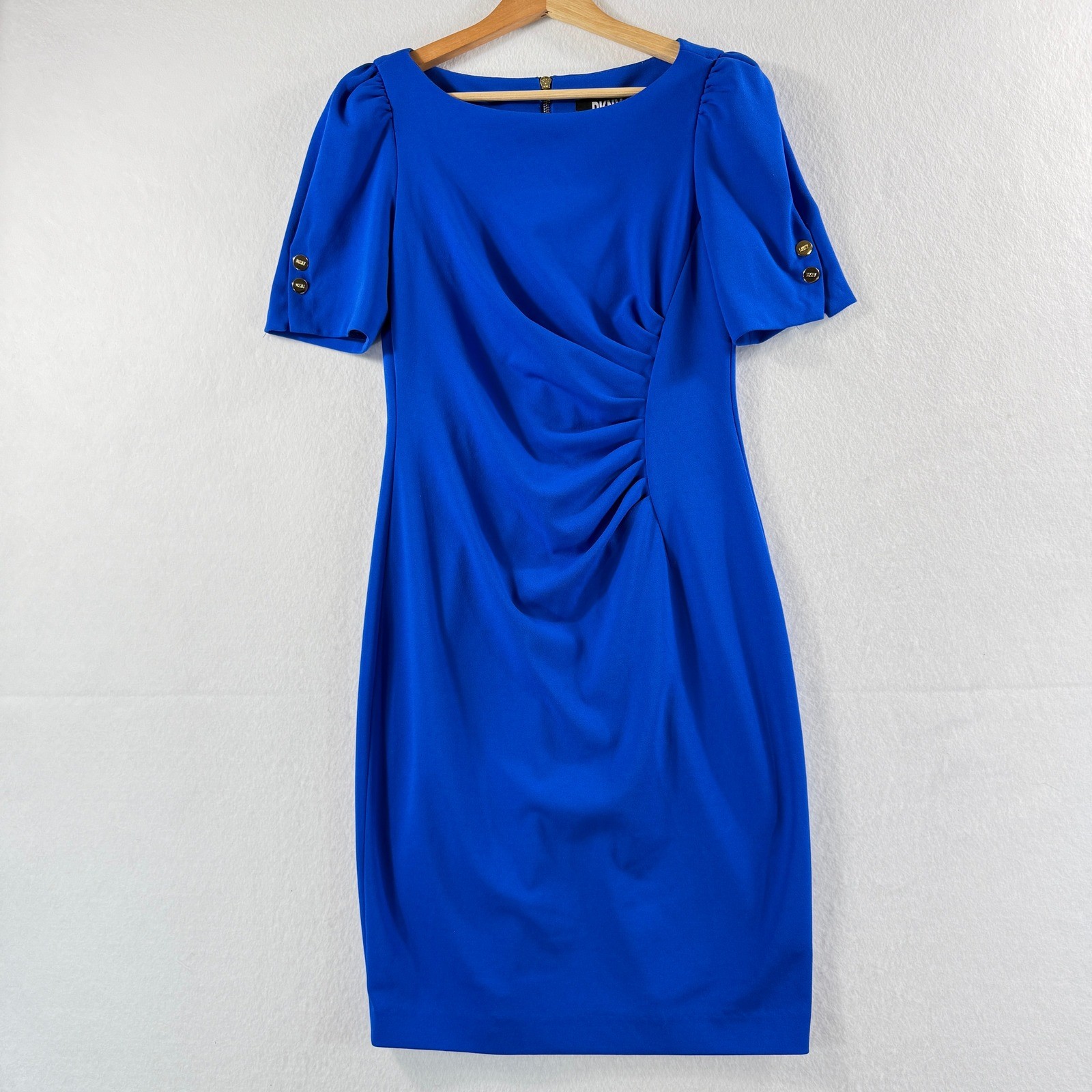 DKNY Sheath Dress Womens 6 Royal Blue Ruched Puff Sleeve Professional Chic Work