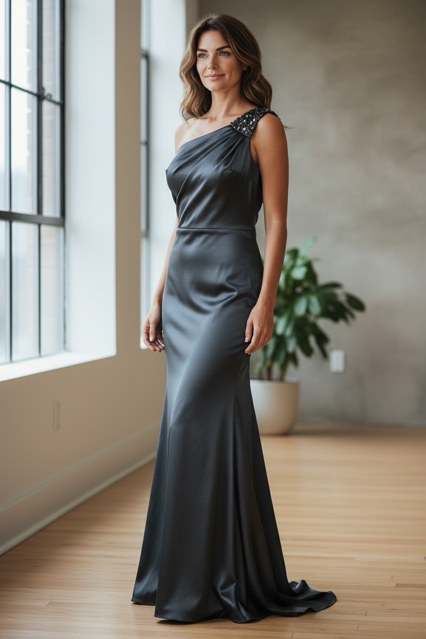 Blondie Nites by Stacy Sklar Blue Satin Gown – Size 5, One-Shoulder Mermaid Fit