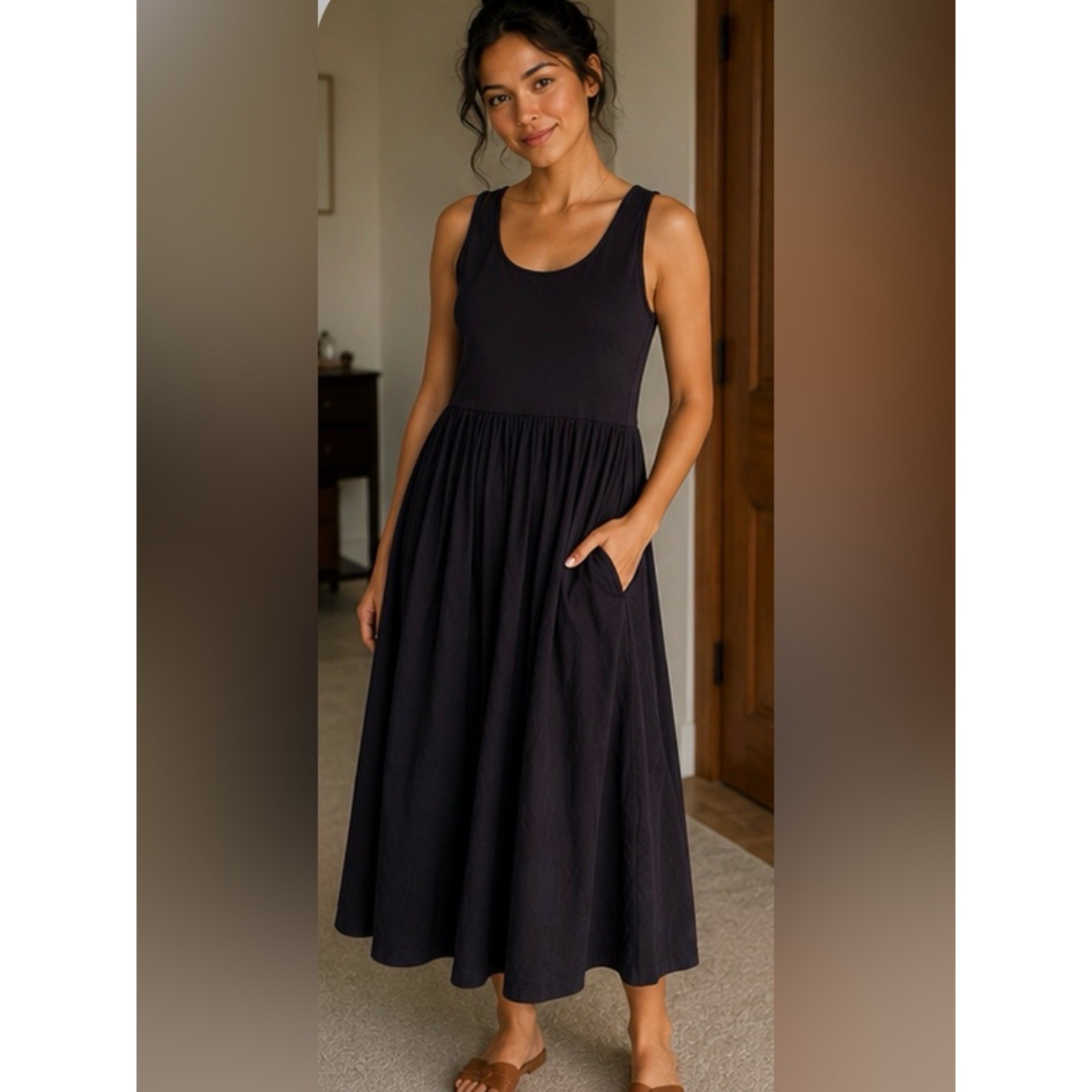 Quince Organic Cotton Sleeveless Midi Dress NWT Medium Black Pockets