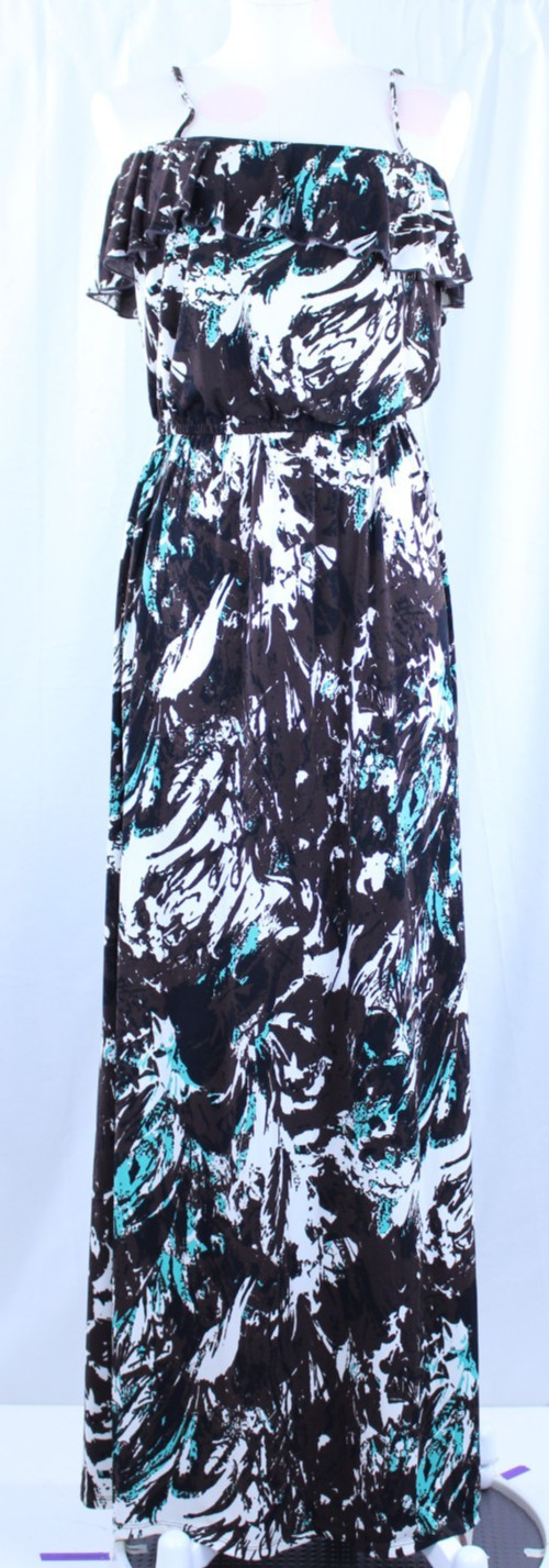 ABS Allen B Schwartz Ruffle Maxi Long Brown White Teal Adjustable Straps M