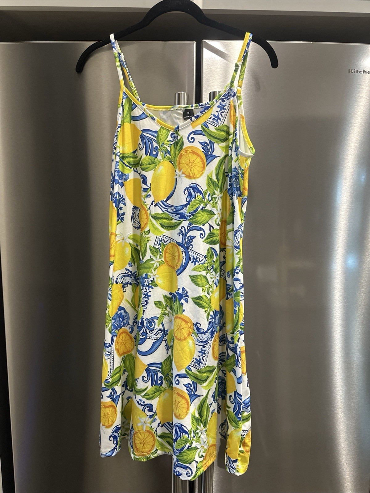 Lemon Italian Inspired Print V Neck Pull On Vacation Dress/Cover Up Size M