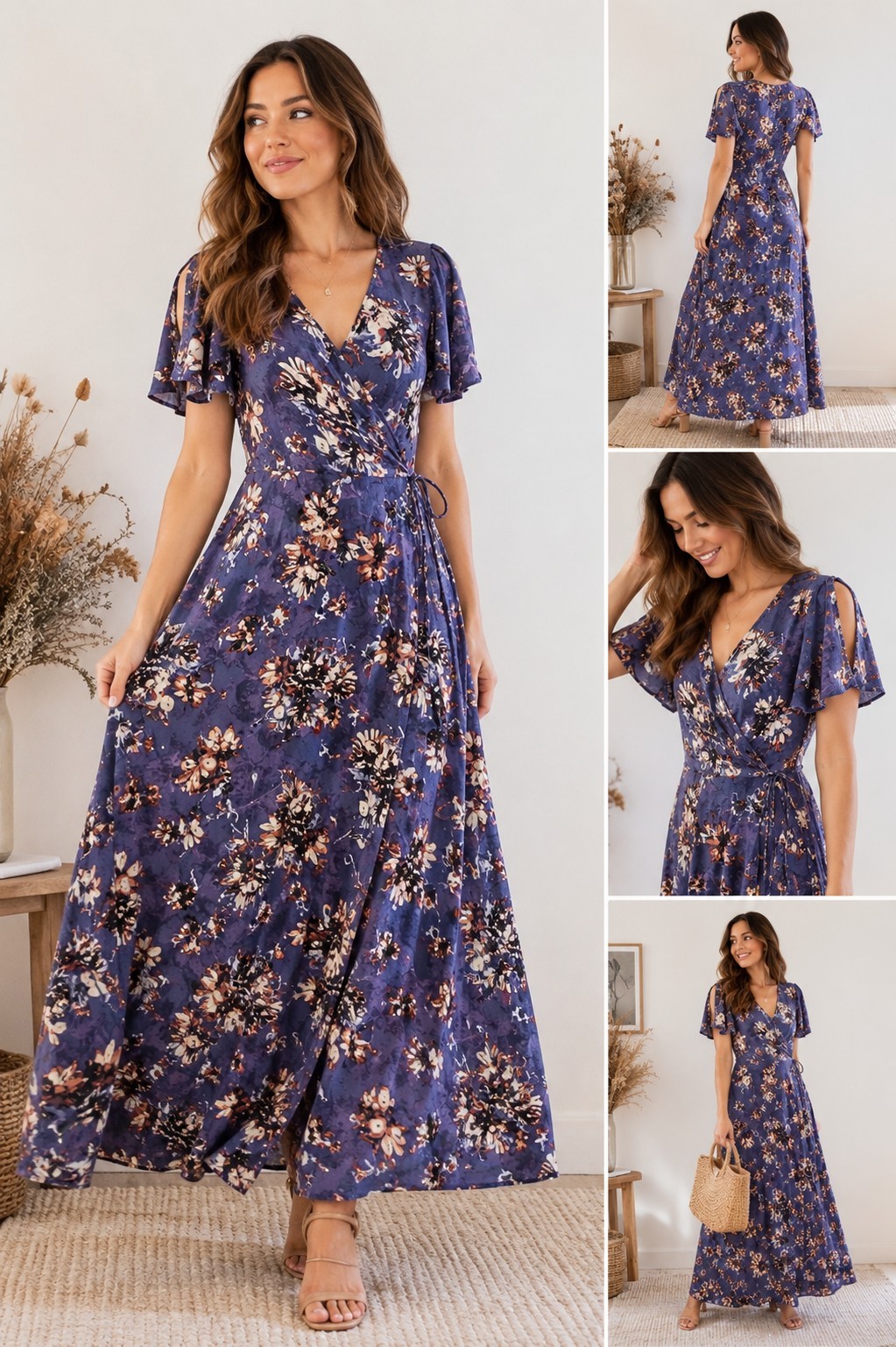 Rokoko L Periwinkle Floral Wrap Maxi Dress Boho Cottagecore Romantic Tie Waist