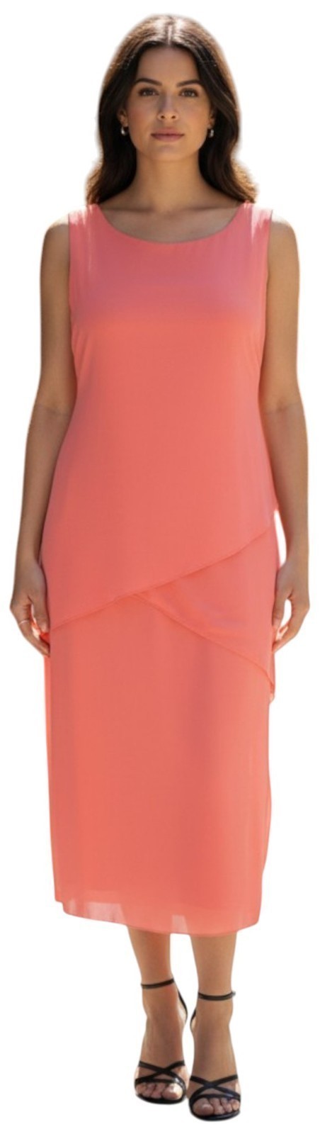 Ladies Coral Pencil Dress 3 Tier Triple Layer Georgette Tie Back Flattering