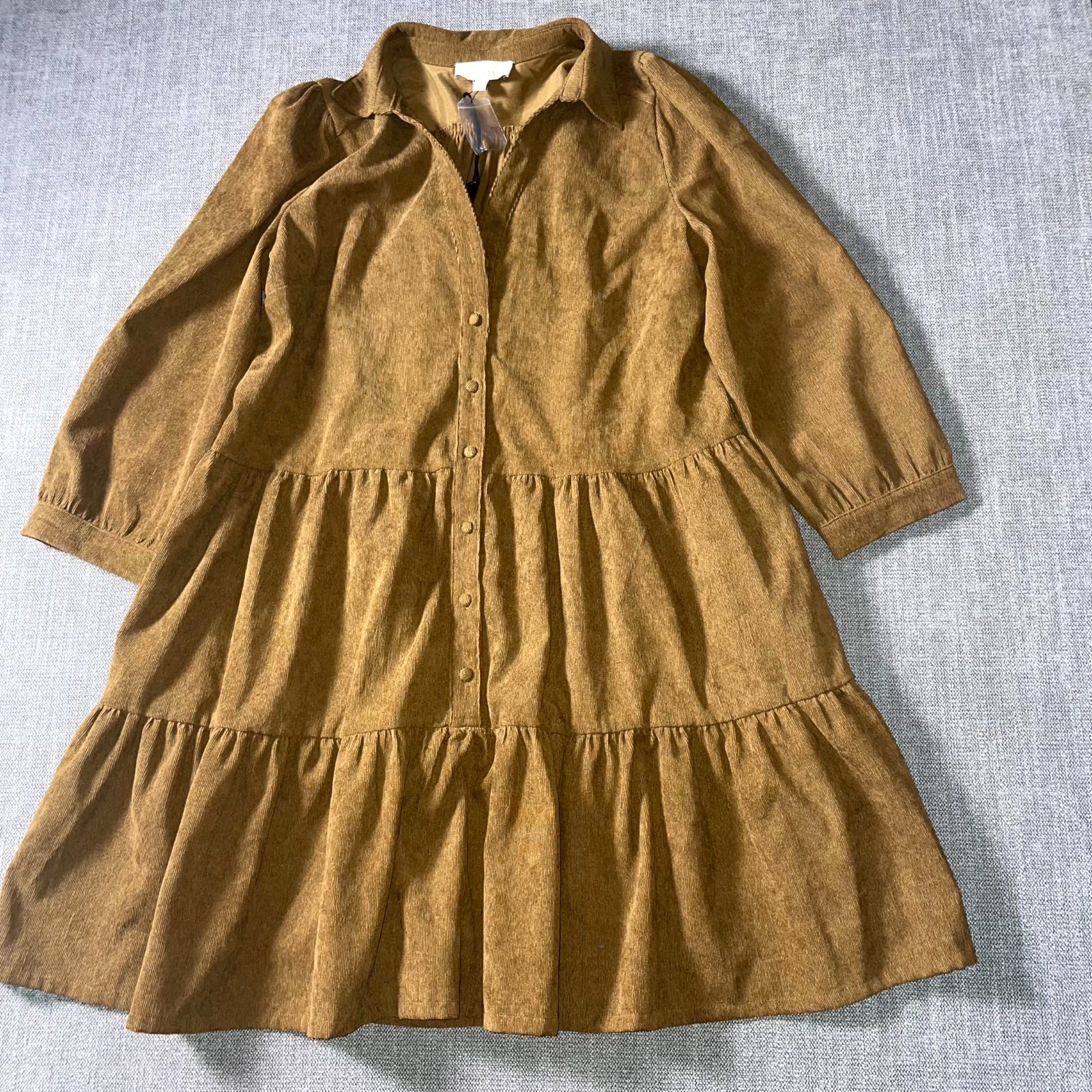 Pinch Tiered Mini Dress Womens Large Brown Puff Sleeve Collared Button Front