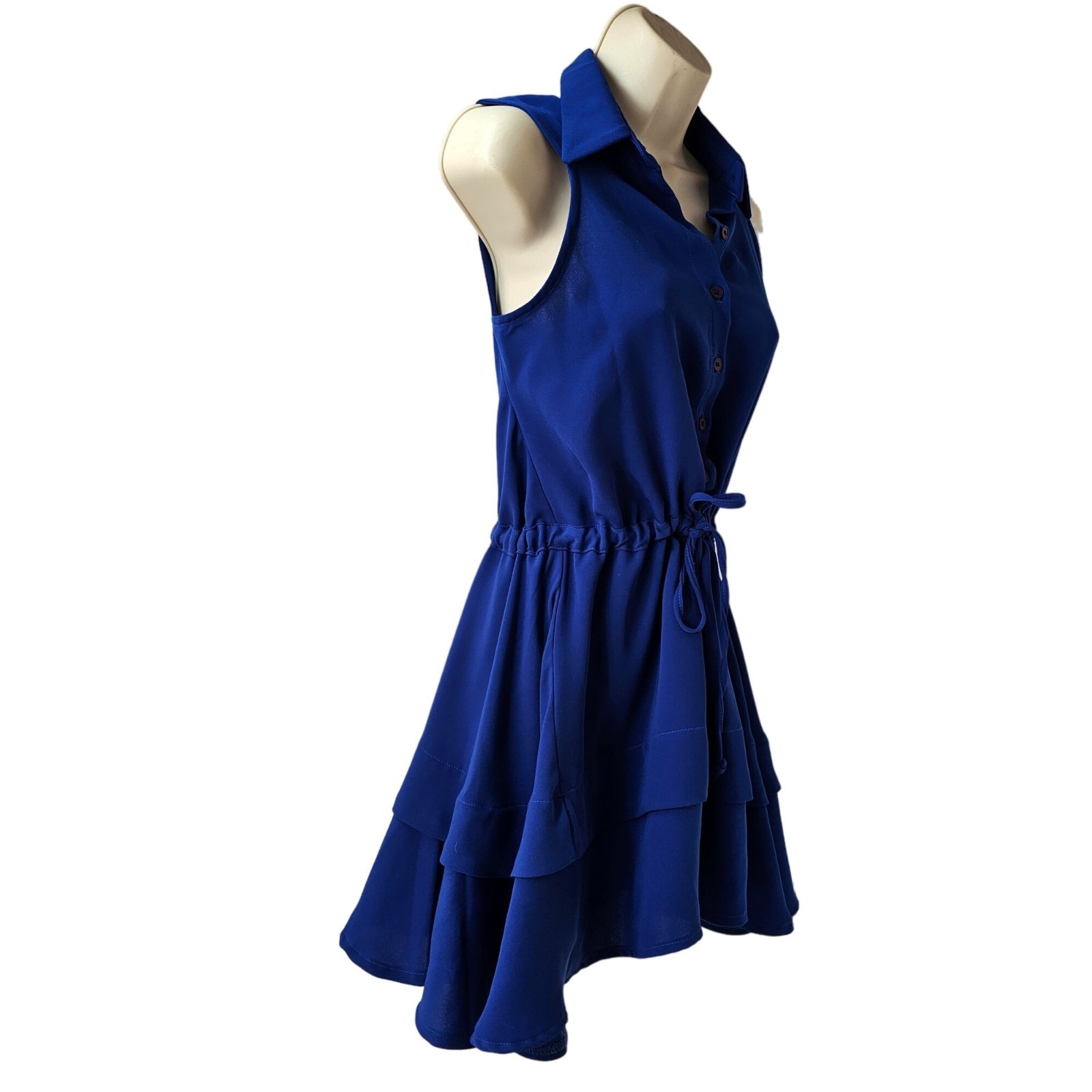 Nadia Sleeveless Blue Drawstring Tunic Mini Dress Womens 4 Button Front