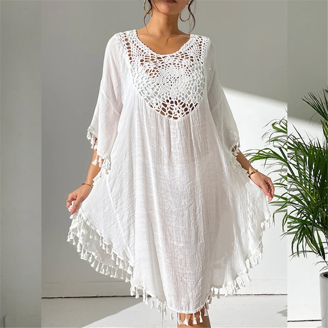 New Fringe Tassel Embroidery Half Sleeve Tunic Beach Cover Up Beach Dress